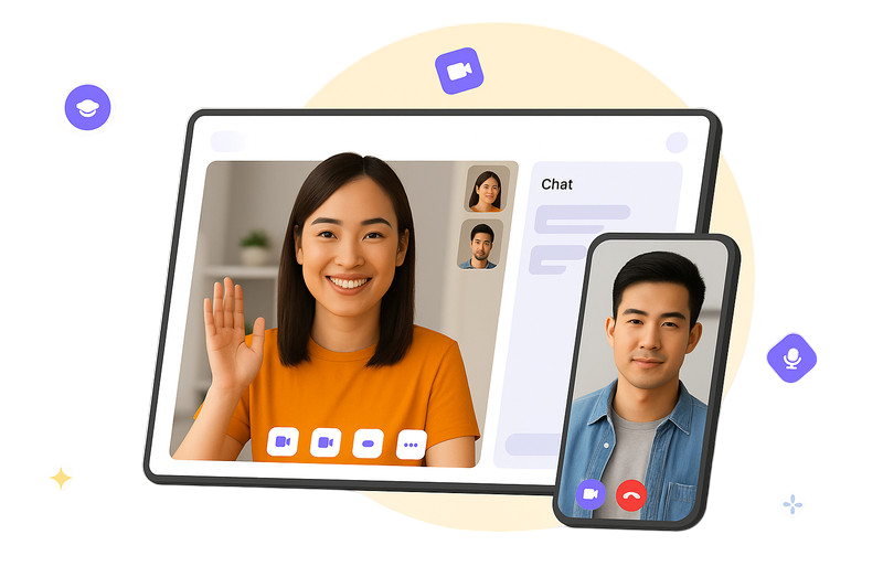 Online language learning video call interface